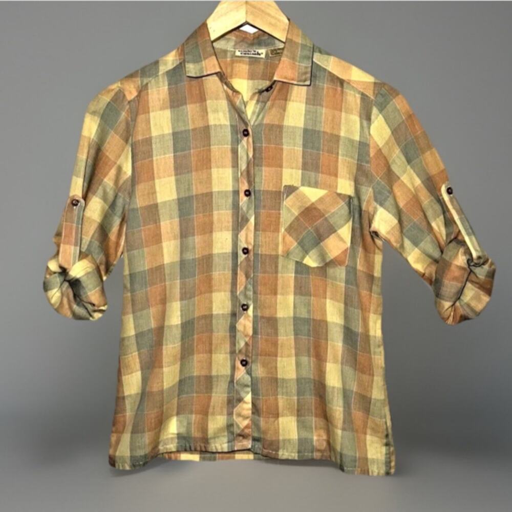 VTG Susie’s Casuals Yellow Plaid Button Front Roll Tab Sleeve 70s 80s Blouse 7